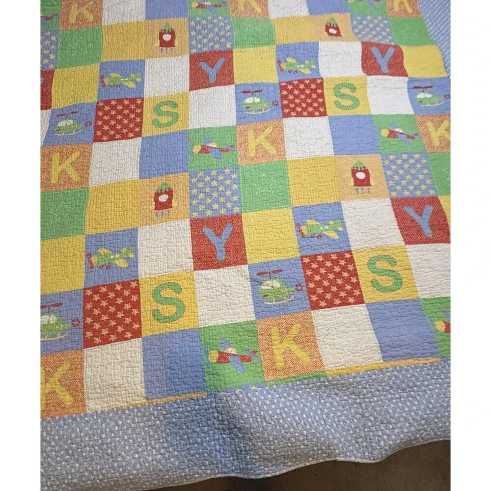 Quilt Airplane Sky Helicopter Blue Green Checkered Back Flaw 68”79” Twin